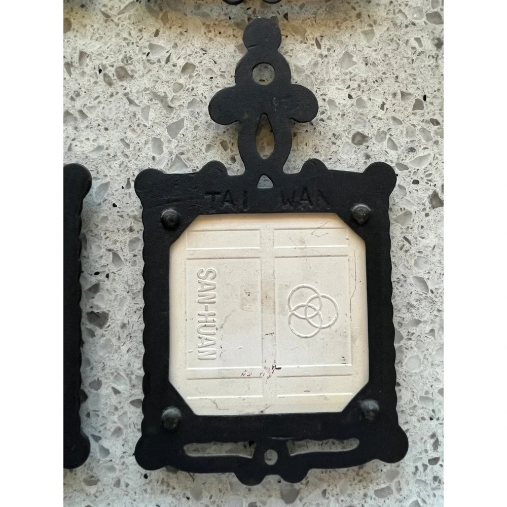 Vintage San-Huan Cast Iron Ceramic Tile Trivets Set 4 Antique Cars Wall Decor